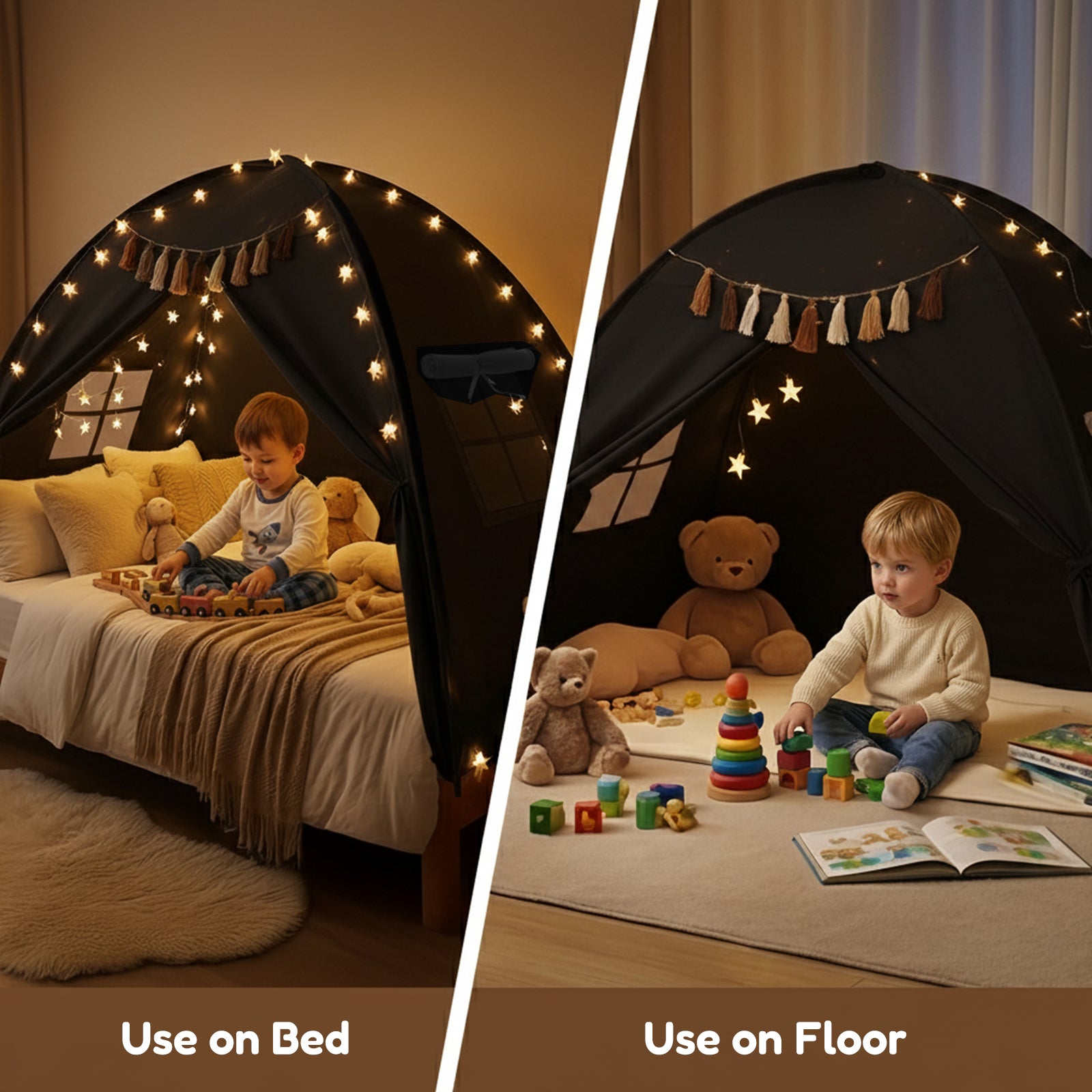 Kids Twin Bed Tent with Star Lights & Tassels