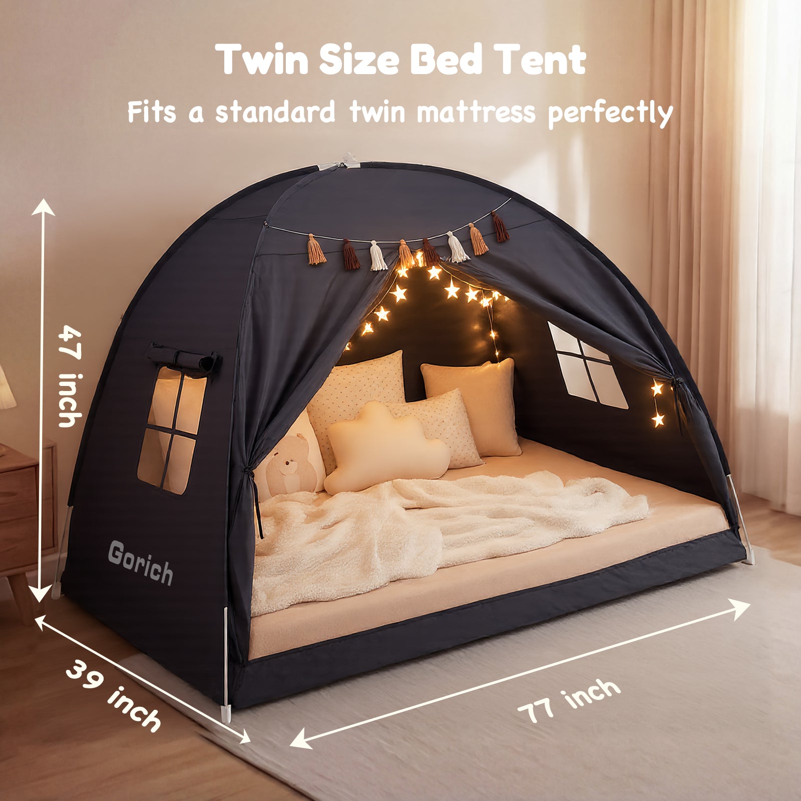 Kids Twin Bed Tent with Star Lights & Tassels