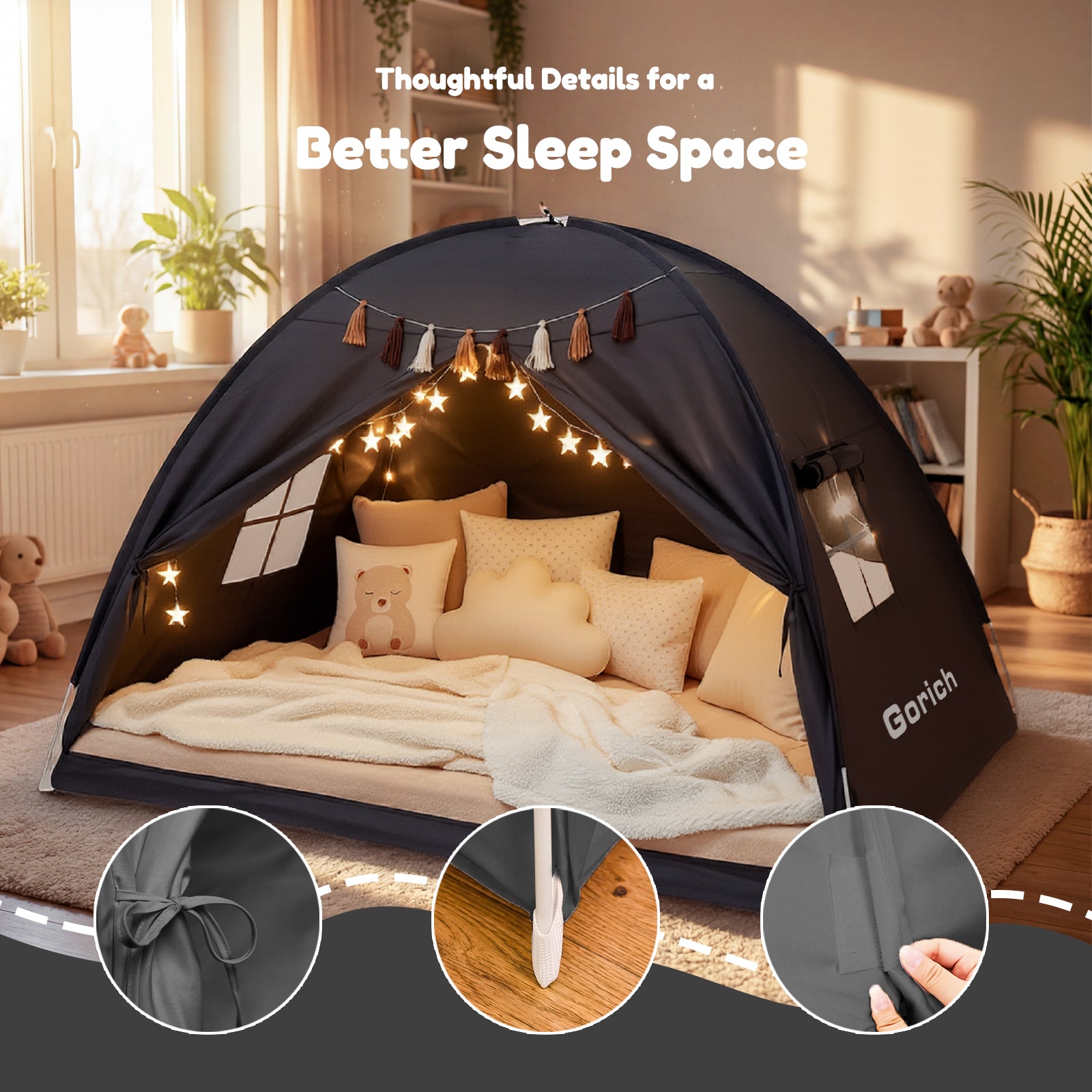 Kids Twin Bed Tent with Star Lights & Tassels