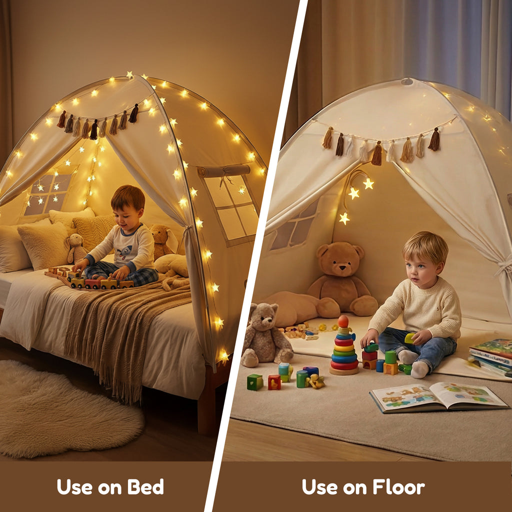 Kids Twin Bed Tent with Star Lights & Tassels