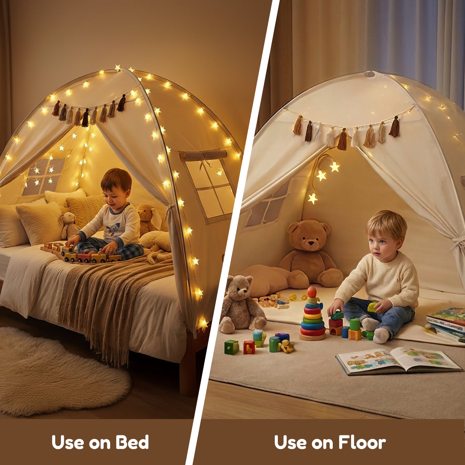 Kids Twin Bed Tent with Star Lights & Tassels