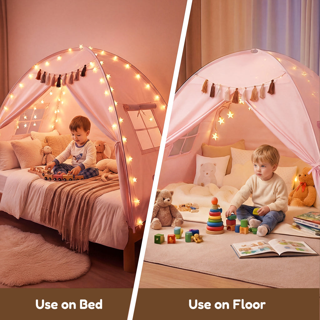 Kids Twin Bed Tent with Star Lights & Tassels