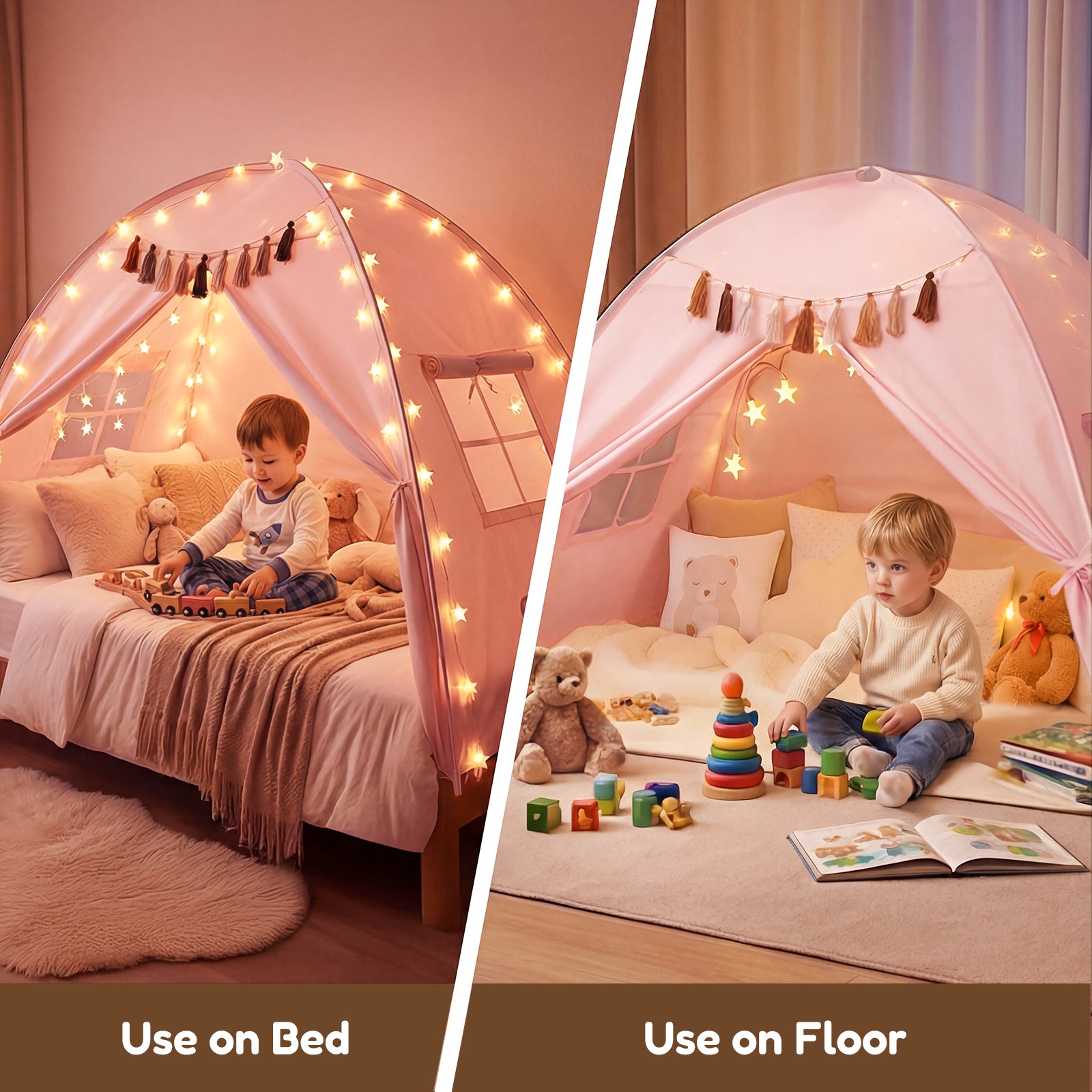 Kids Twin Bed Tent with Star Lights & Tassels
