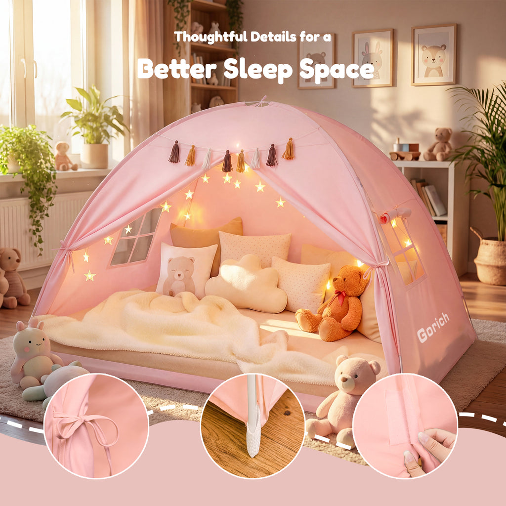 Kids Twin Bed Tent with Star Lights & Tassels