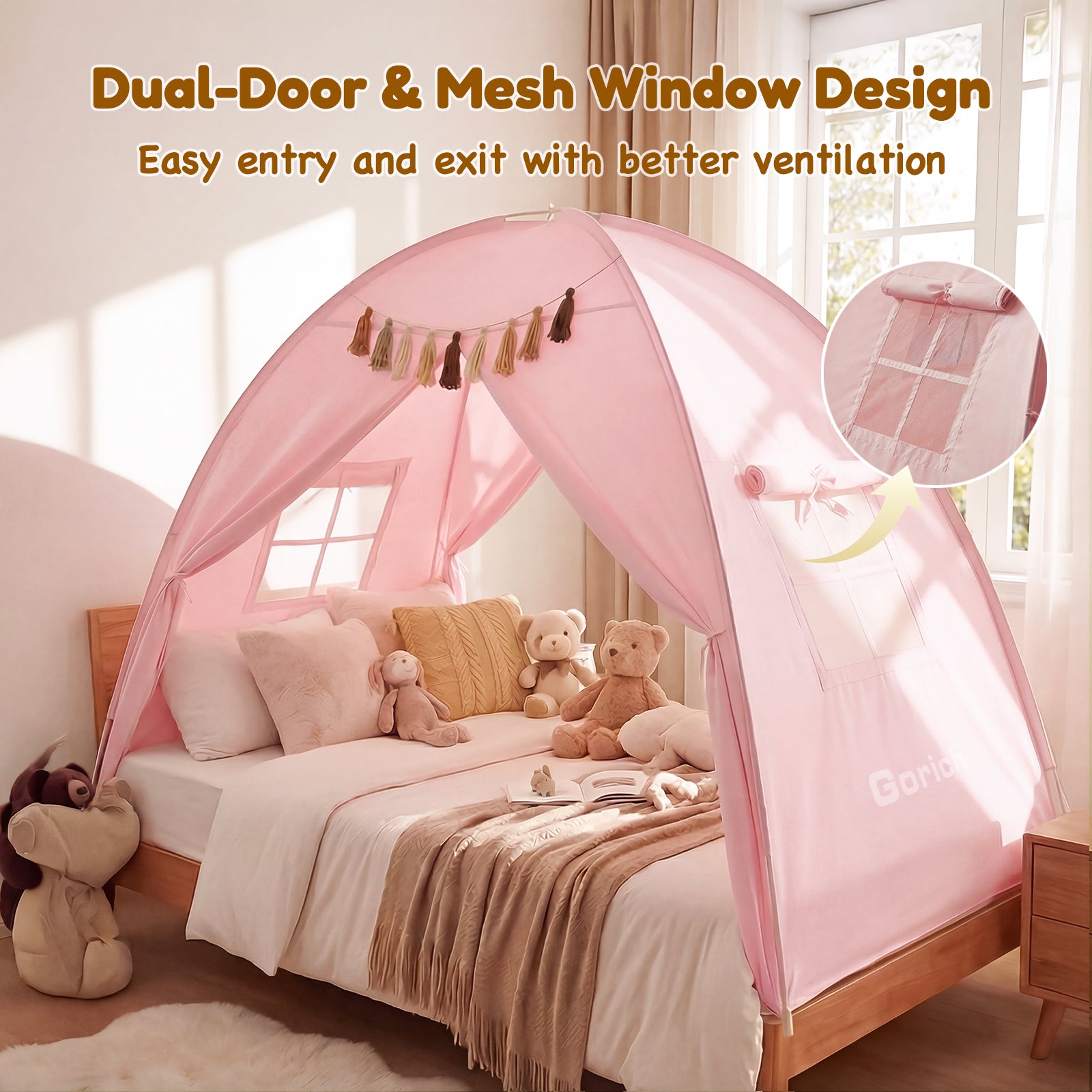 Kids Twin Bed Tent with Star Lights & Tassels